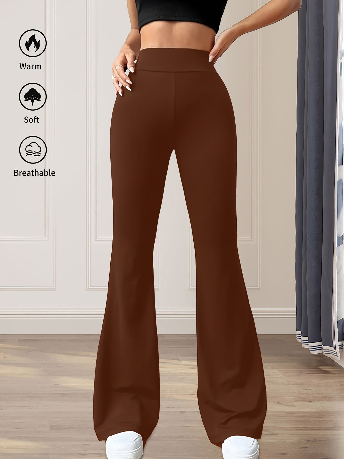 High-Waisted Flared Leggings for Women - Stretchy Black Polyester Pants with Tummy Control, Slimming Fit, and Breathable Design for Spring/Summer/Fall Casual Wear, Spring Summer Leggings | Fitted Leggings | Elastic Waistband