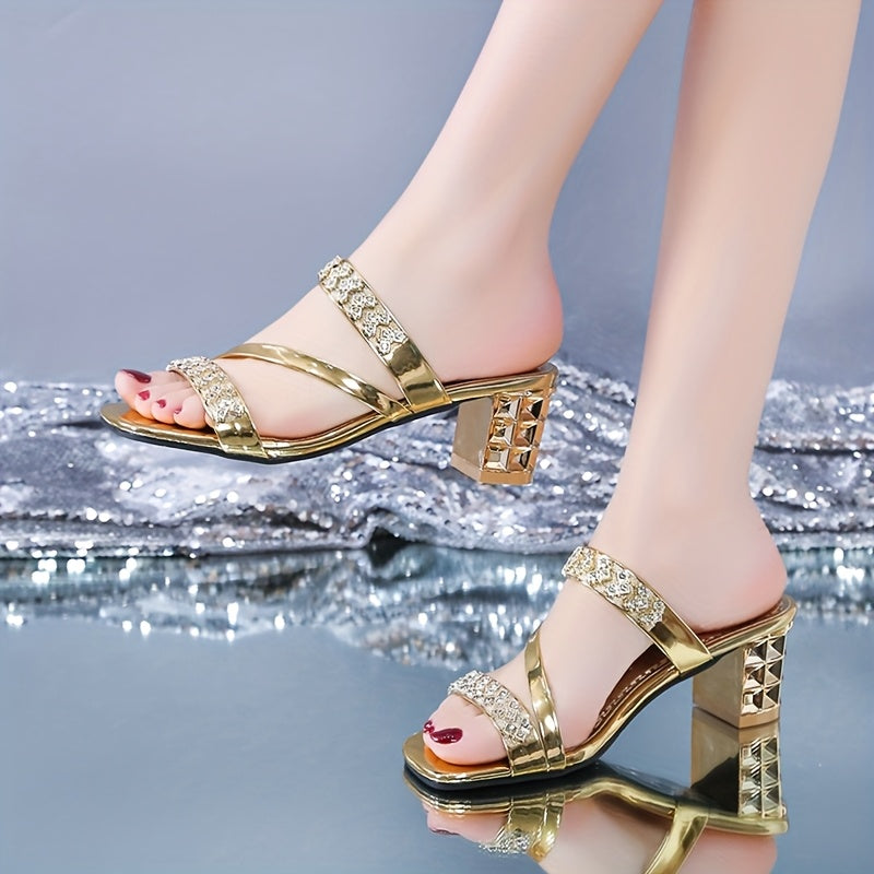 Elegant Women'S Summer Sandals - Sexy Open Toe with Glittering Square Toe, High Heel, and Rubber Sole for Outdoor Wear, Summer Footwear | Chic Sandals | Glossy Finish, Strappy Sandals