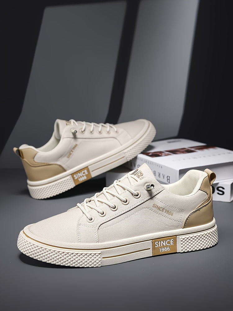 Men's Casual Low-Top Sneakers - Breathable Fabric & Durable PVC Sole, Black & Beige Contrast Design, Lace-Up Round Toe for All-Season Comfort, Versatile for Casual & Semi-Formal Wear, Comfortable Footwear, Fabric Upper