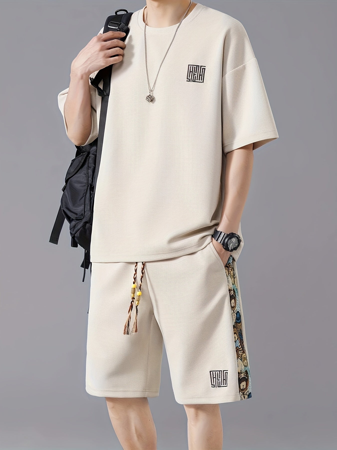 Men's Summer Casual Fashion Set: Embroidered Loose-Fit T-Shirt & Shorts - Breathable Polyester Blend, Non-Stretch Fabric, Pineapple, Sports Set