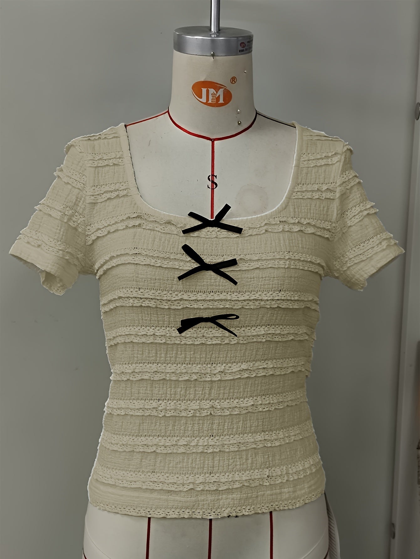 Women'S Elegant Ruffle Trim Short Sleeve T-Shirt with Front Bow Detail - Lightweight Casual Beach Vacation Top, Solid Color, Spring/Summer Collection, Beach Vacation Top | Ruffle Trim Top | Lightweight Fabric