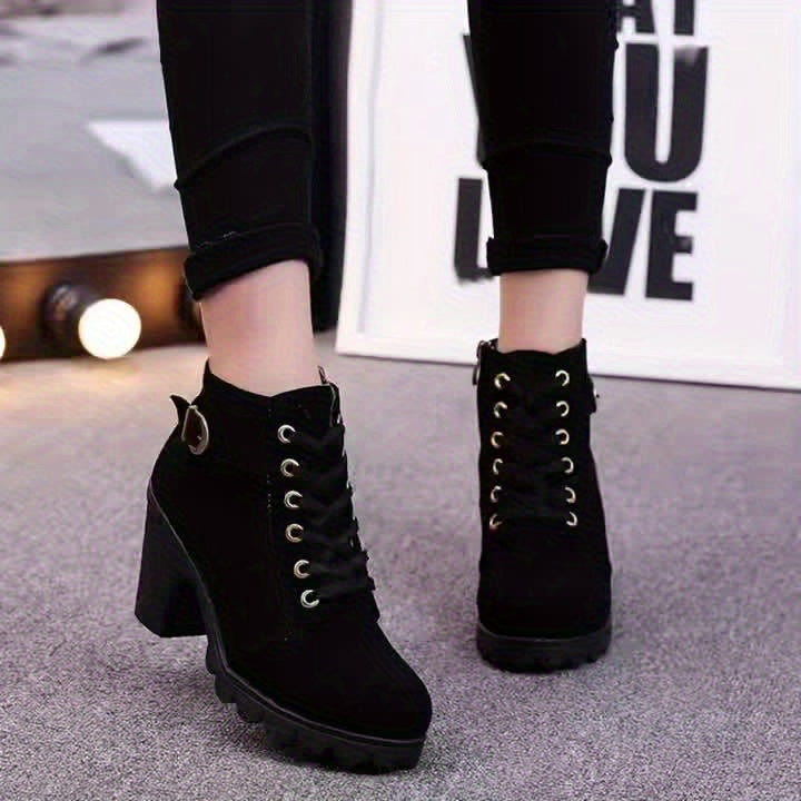 Women's Chunky platform heel Boots - Lace-up closure, Faux Cover Round-toe boots with, Thick Platform Sole for Dresses, Jeans, Party Outfits - All-Season Everyday & Formal Shoes, Stylish Outfit Additions, Side Zipper Detail,