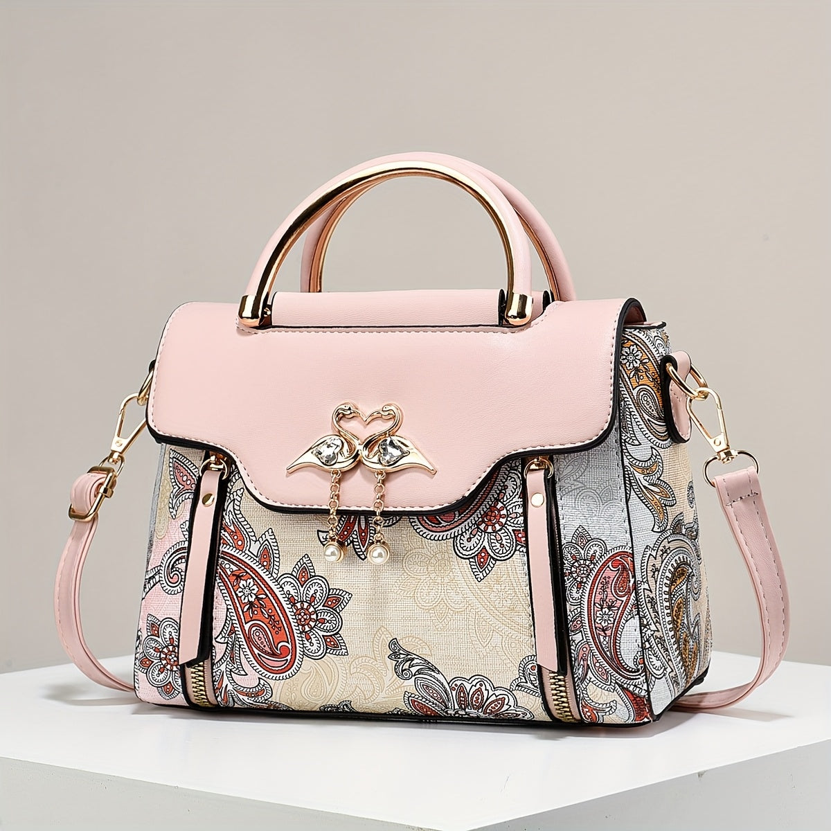 Elegant Floral Print Women'S Handbag - Lightweight Synthetic Tote with Golden-Tone Hardware, Removable Shoulder Strap, and Magnetic Closure, Perfect for Everyday Use, Versatile Tote Bag | Floral Print Bag | Synthetic Bag