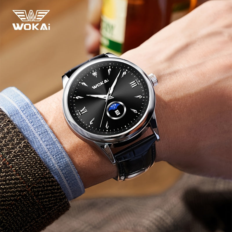 WOKAI Men's Sporty Watch with Glowing Dial, World Time & Date, Round Plastic Case, Faux Leather Strap, Battery-Powered, Perfect Gift for Spring & Summer