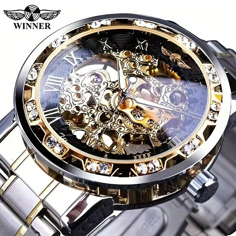 Fashion Classic Roma Watch Men Luxury Golden Skeleton Mechanical Hand Watches Casual Business Wristwatches Men Blue & Golden Accents, Casual Yet Versatile, Best Seller, Ideal Gift, Mechanical Movement, Watch Accessories, With