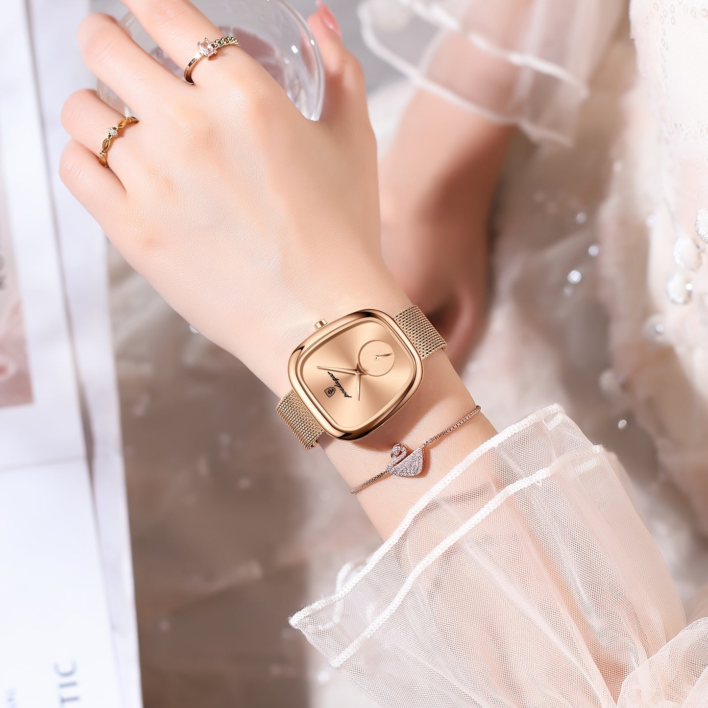 POEDAGAR Elegant Women's Quartz Watch - Waterproof, Stainless Steel Mesh Band, Rose Golden Square Dial, Black Strap, Perfect for Parties & Casual Attire, Stylish Timepiece | Elegant Design | Mesh Strap Watch, Watch Accessorie