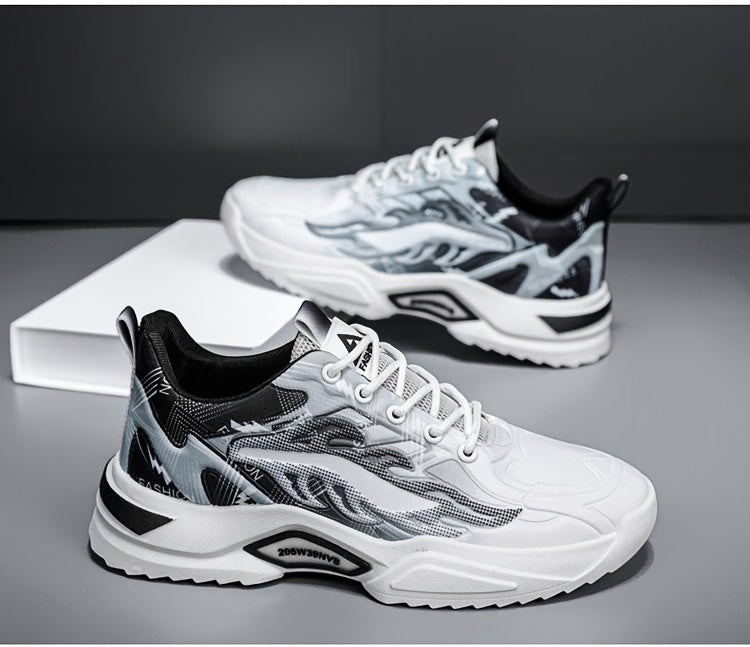 Men's Sneakers - Lightweight Cushioned Platform Sneakers with Lace-Up Closure, Non-Slip PVC Sole - Breathable Gym, Running, Casual Shoes in Grey/Black colorway - for Everyday & Light Hiking, Gym Shoes