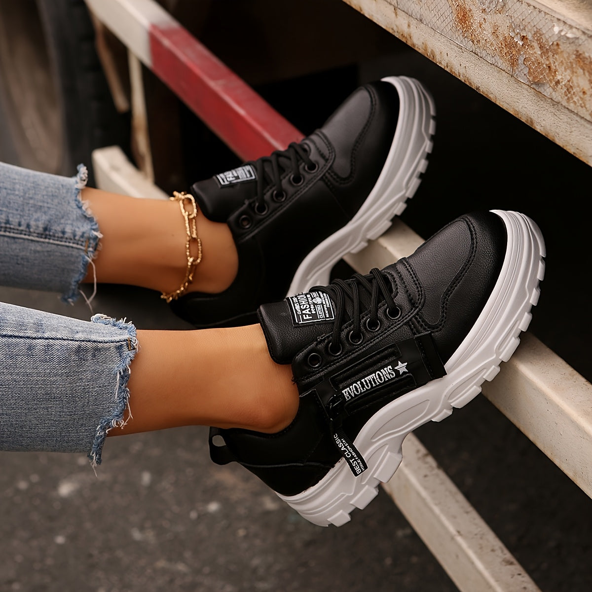 Women'S Breathable Knit Sneakers - Lightweight Thick Sole Casual Walking Shoes in White & Black, Synthetic Cover Upper with Rubber Outsole, Lace-Up Low-Top Design for Indoor/Outdoor, Travel, Beach & Shopping - Cute Gift for M