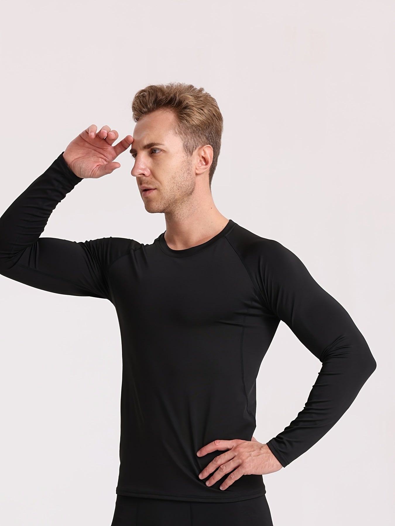 Elite Men's Long Sleeve Athletic Compression Shirt - Quick-Dry, Stretch Fabric, Round Neck, Solid White - Ideal for Gym, Running & Casual Home Wear - Machine Washable, Gym Clothes