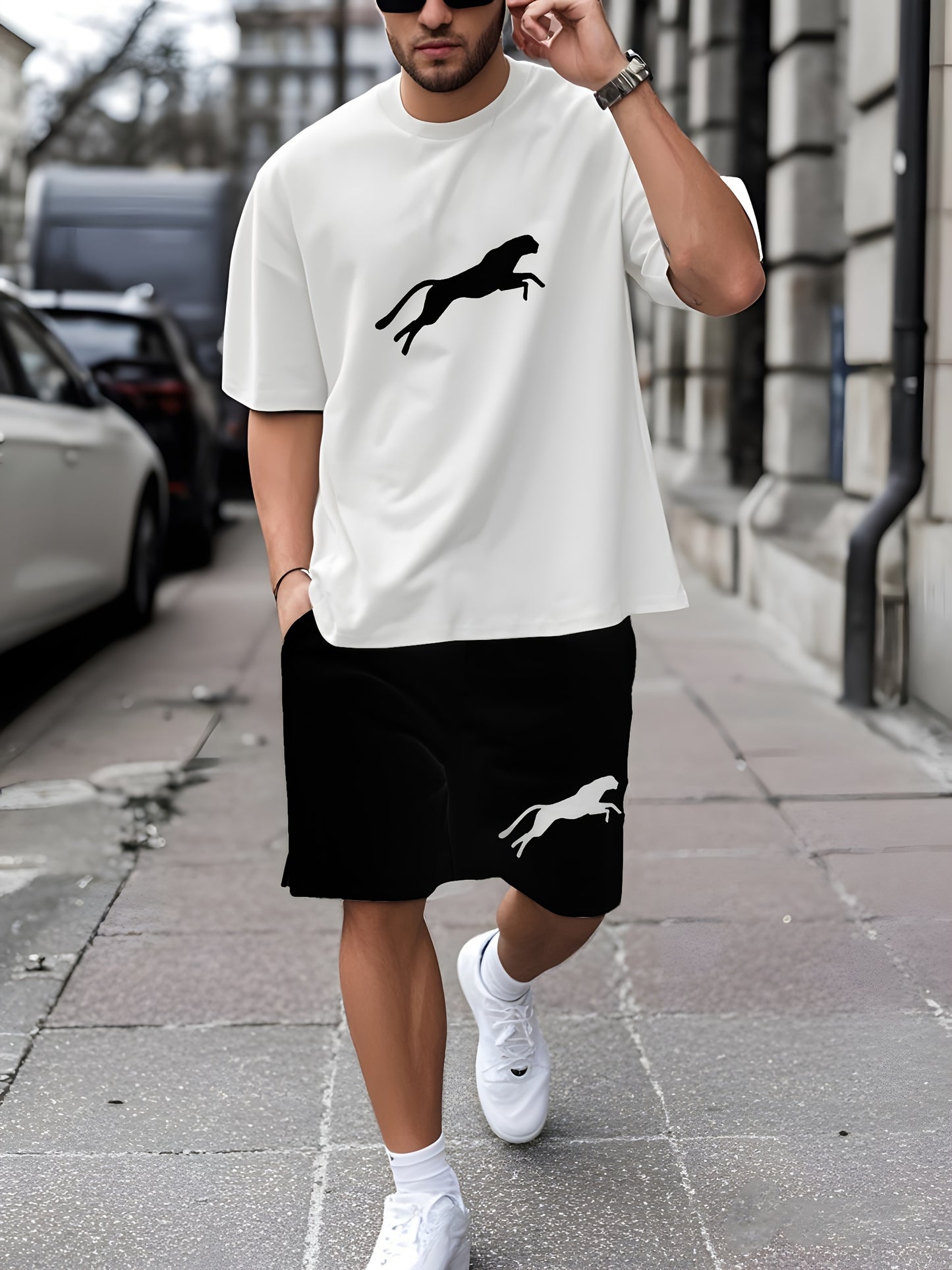 Leopard Print 3D Printed Men's Casual Sportswear Set - Breathable Polyester Knit Fabric, Crew Neck Short Sleeve T-Shirt and Shorts Combo, Regular Fit for All Seasons