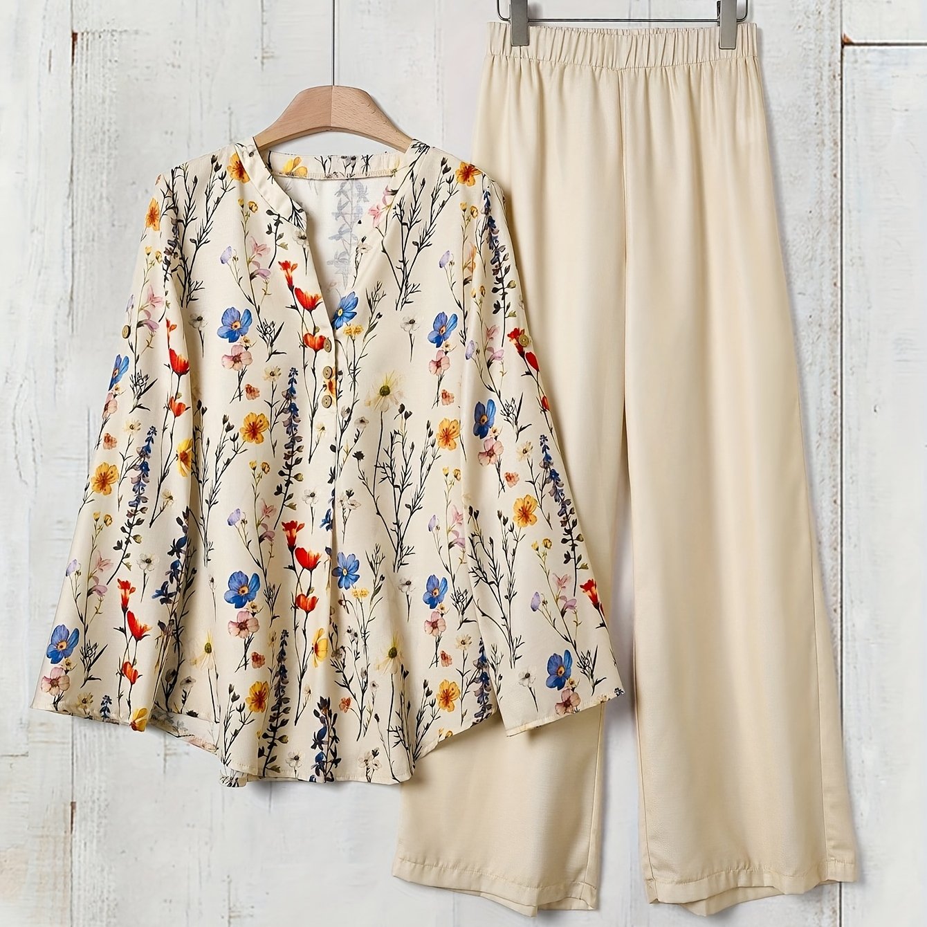 Women'S New Elegant Holiday Casual Floral Print Long Sleeve Shirt And Solid Color Elegant Casual Loose Pants Set.