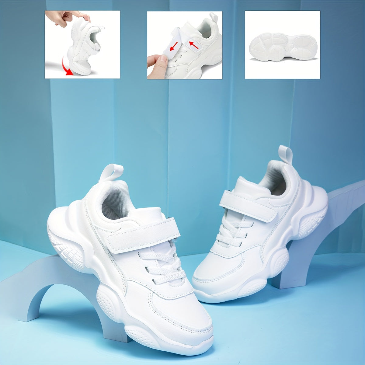 Youngsters' White Chunky Sneakers - Adjustable Hook-and-loop Fastener Strap, Easy Slip-On, Non-Slip EVA Sole, Comfortable Lining, Versatile for School and Sports, All-Season Wear, School Sneakers|Trendy Chunky Sneakers|Durabl