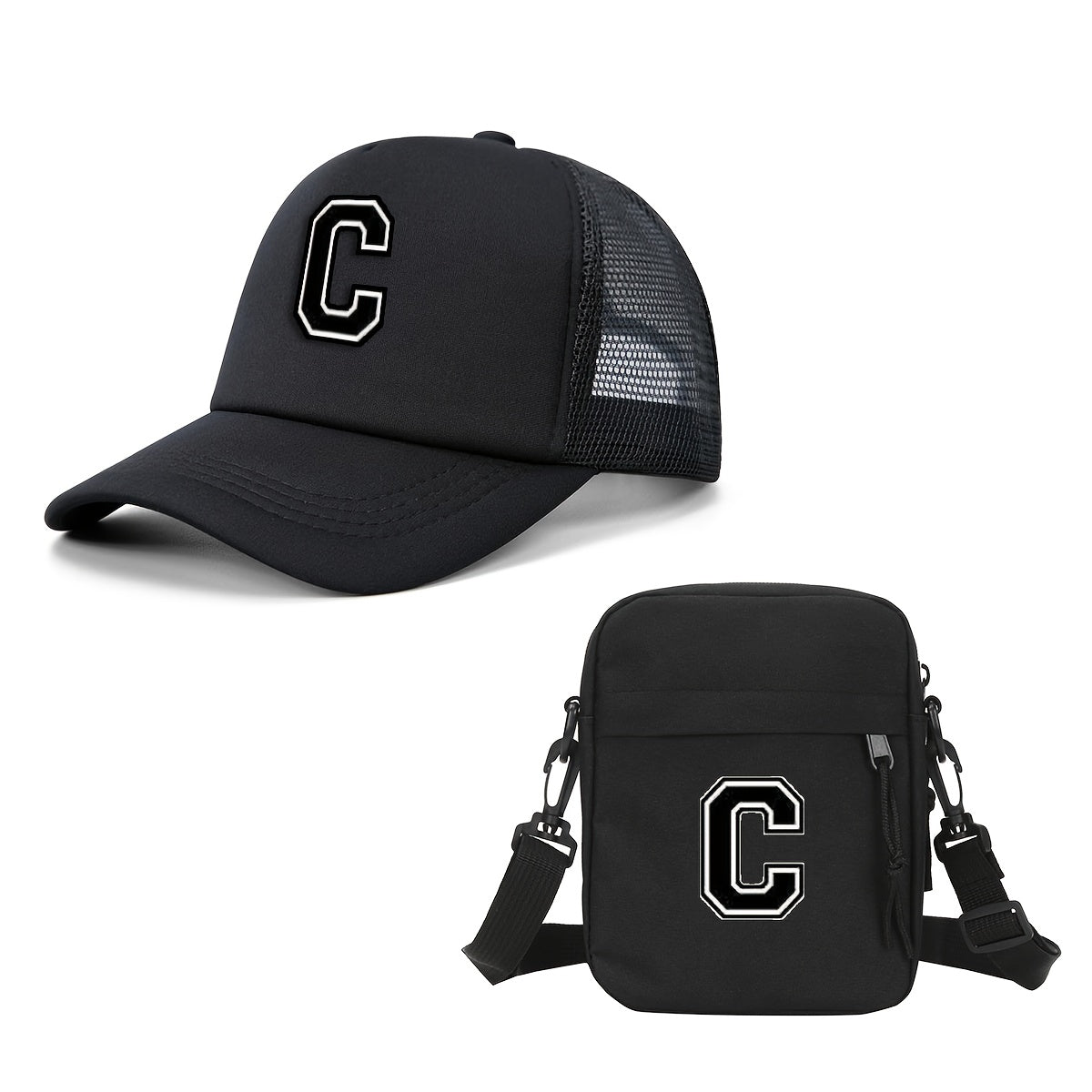 2pcs Men'S And Women'S 26-Letter Printed Trucker Hat & Bag Set, Mesh Breathable Versatile Casual Sun Hat, Suitable for Holiday Vacation, Mountain Climbing, Camping, Outdoor Street And Other Scenes, Suitable As a Birthday, Hol