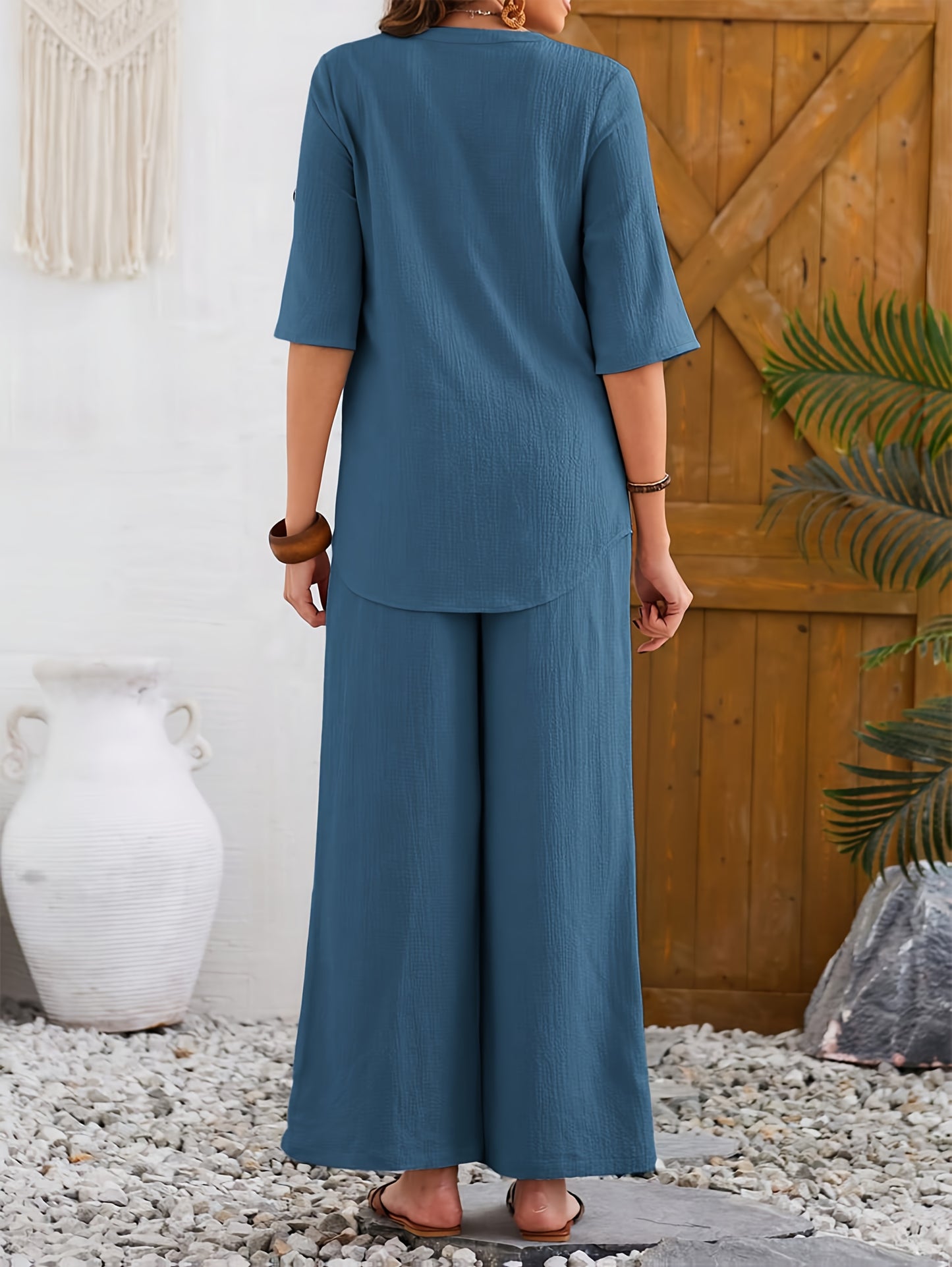 Women'S Large Size Elegant Wide Leg Pants Short Sleeve Top Set with Fake Buttons, YUKIWI