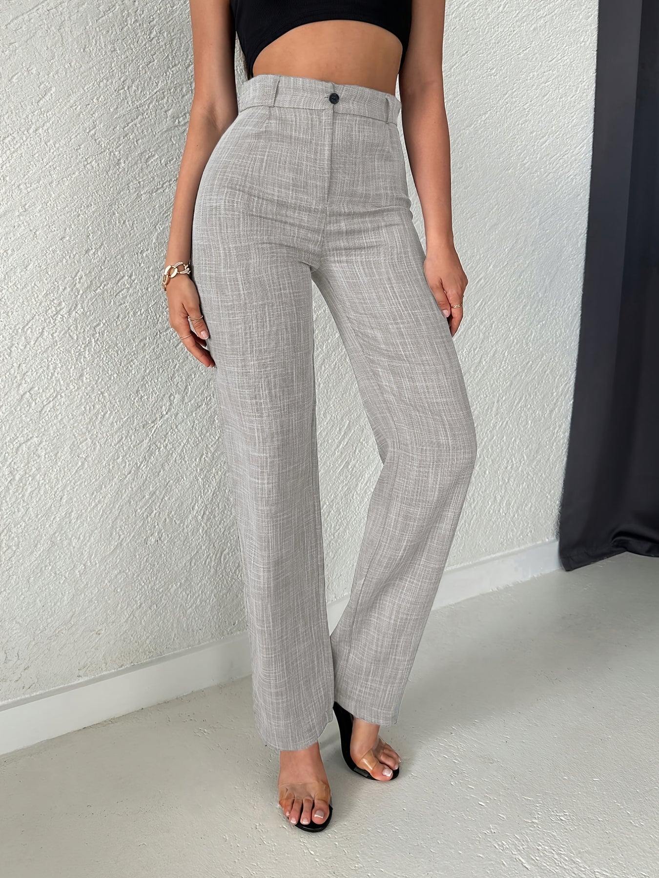 Women's Elegant High-Waist Straight Leg Pants - Solid Color, Ribbed Texture, Slant Pockets, Comfortable Commuter Wear, Machine Washable