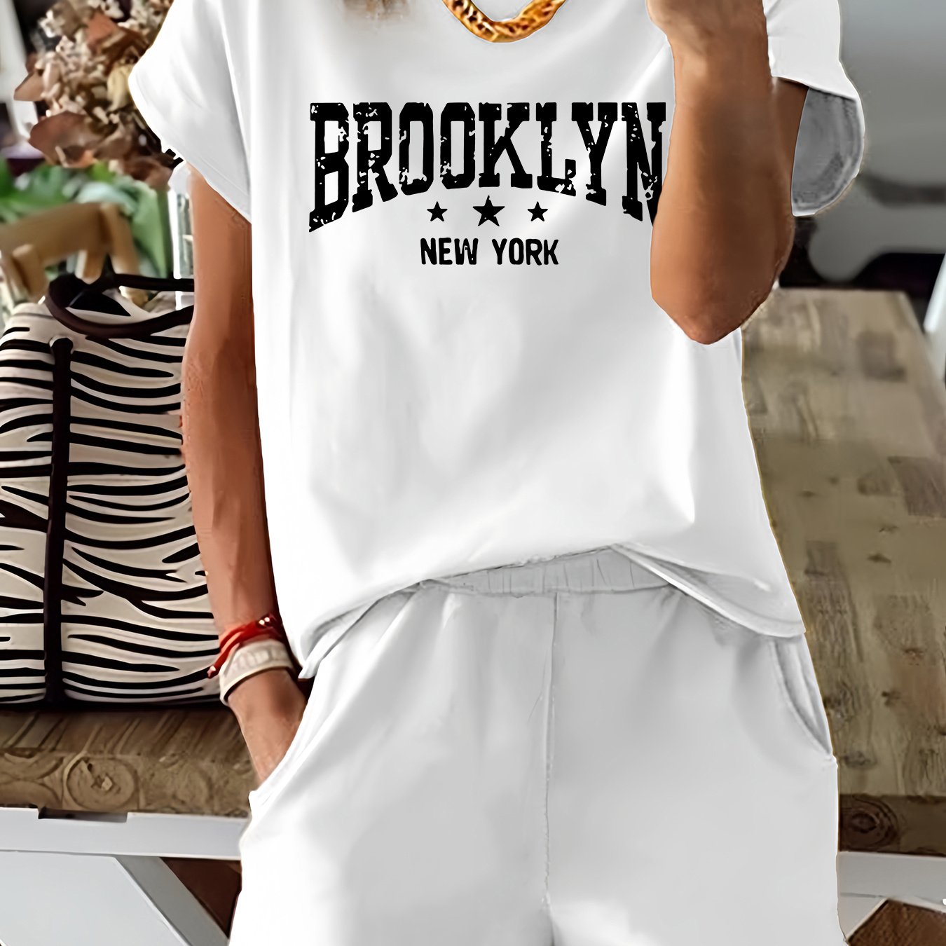 Brooklyn Letter Print Casual T-Shirt & Shorts Set for Women - Stretchy Polyester Blend, Machine Washable