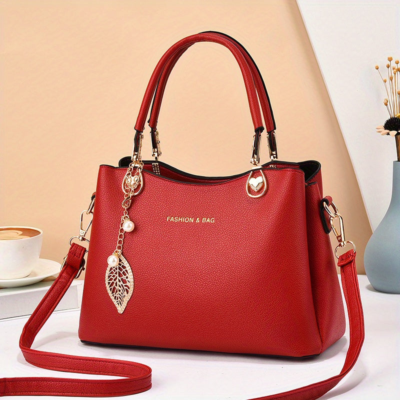 Elegant Wo 's Handbag with Detachable Shoulder Strap, Golden-Tone Hardware & Chic Leaf Charm - Stylish White Satchel for Everyday Use, Casual Chic Bag | Stylish Charm Handbag | Bag