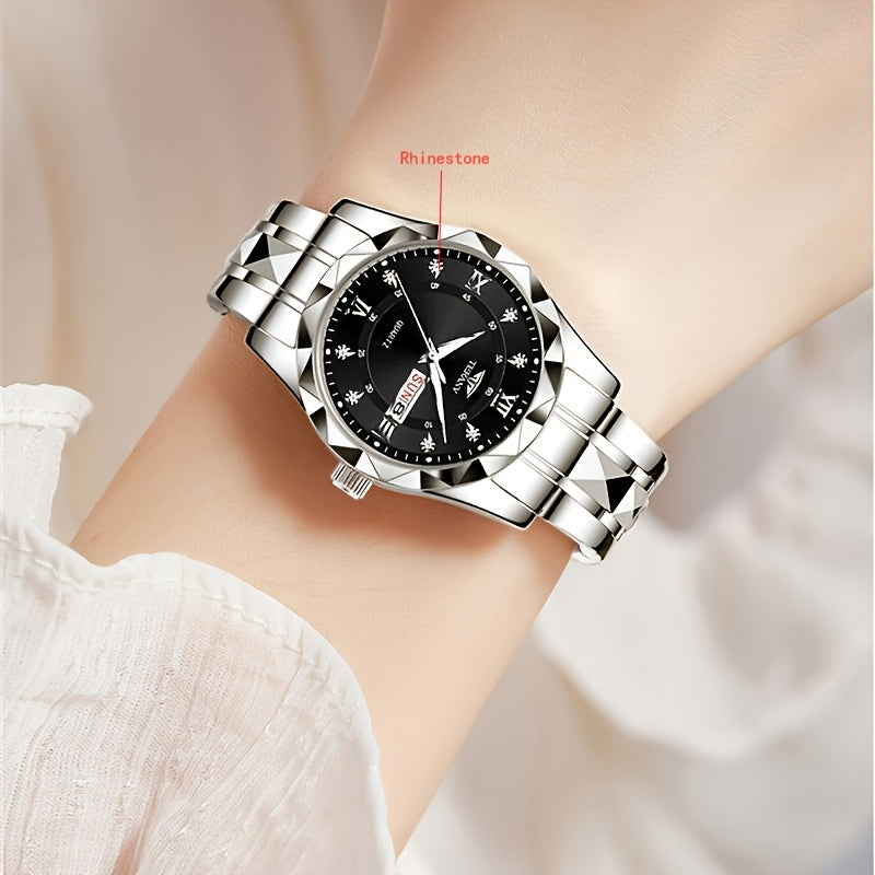 1pc Women's Stainless Steel Watch with Luminous Blue Dial, Date & Day Display, High Quality IPX7, Quartz Movement - Casual Elegant Design for Sports & Travel, Birthday Holiday Gift, Casual Attire, Secure Clasp Wristwatch