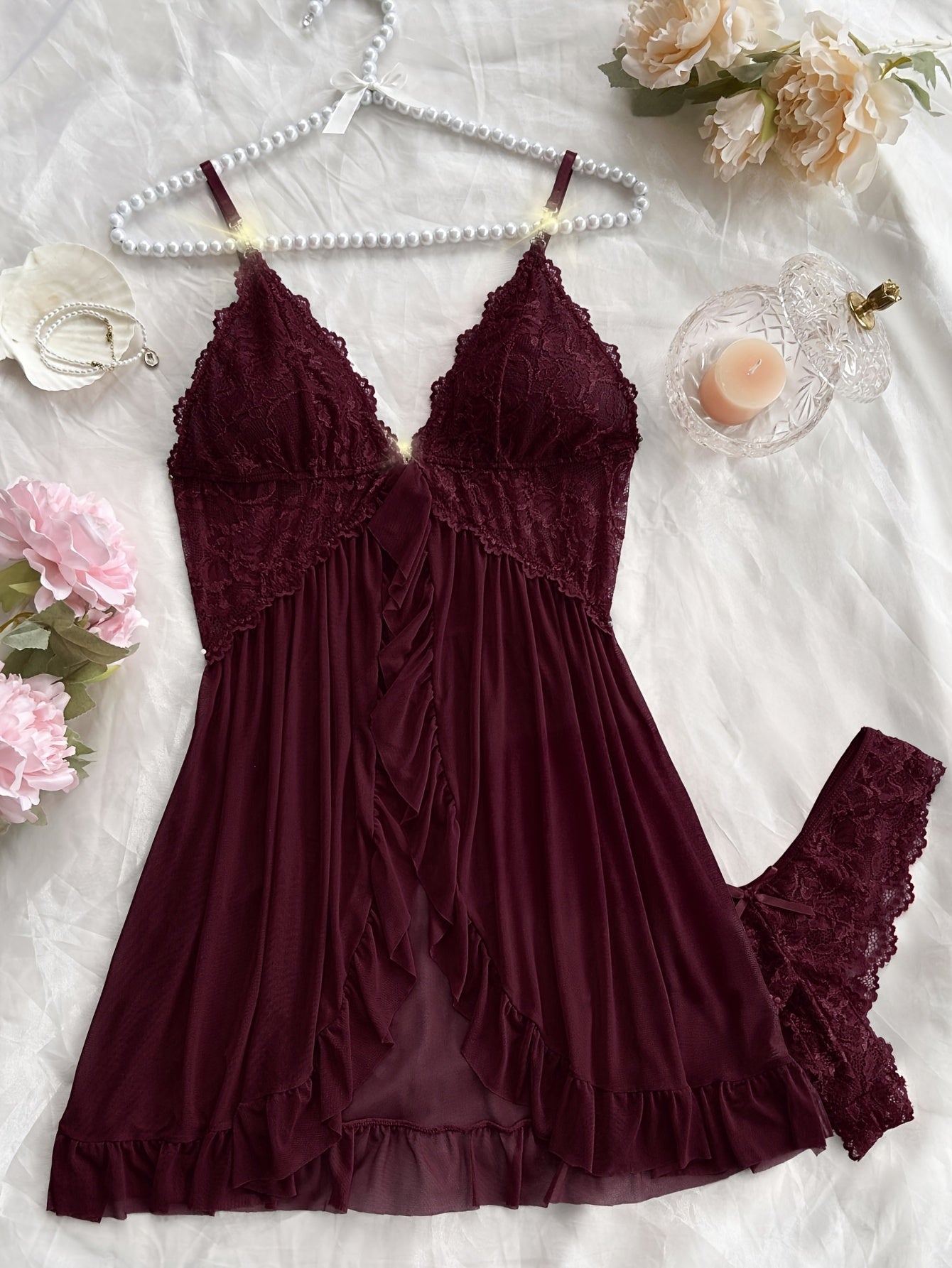 Sexy and Romantic Sleepwear Set, Solid Color Lace Camisole with Matching Panties, V-Neck Design Accentuating Elegant Neckline, Delicate Lace Pattern for Softness. Flared Hem and Ruffled Front Add Graceful Charm, Perfect for a