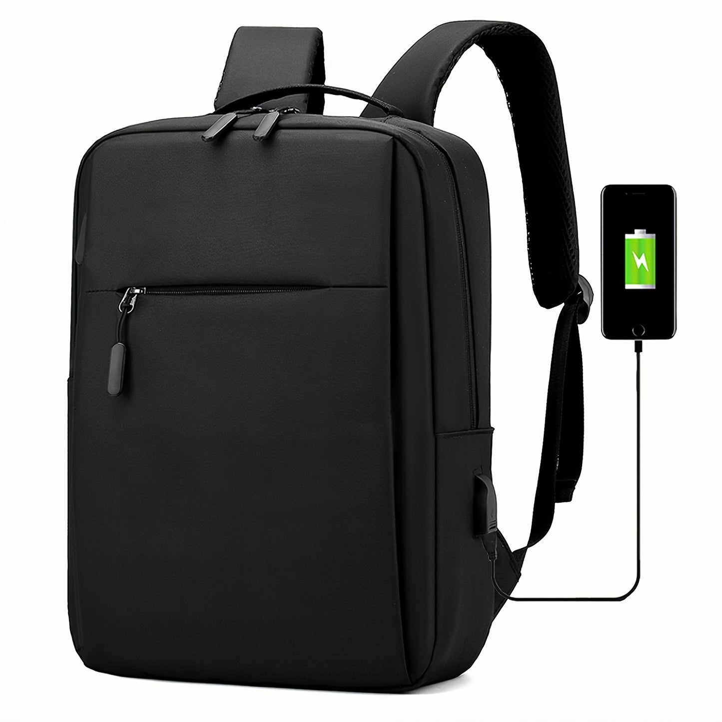 1pc Lightweight Business Laptop Backpack, 33.02/35.56/38.1 cm Computer Bag with USB Charging Port, Adjustable Straps, Zipper Closure, Polyester Lining, Wet Wipe Clean, Black Fabric Travel & Student Bookbag for Men and Women,