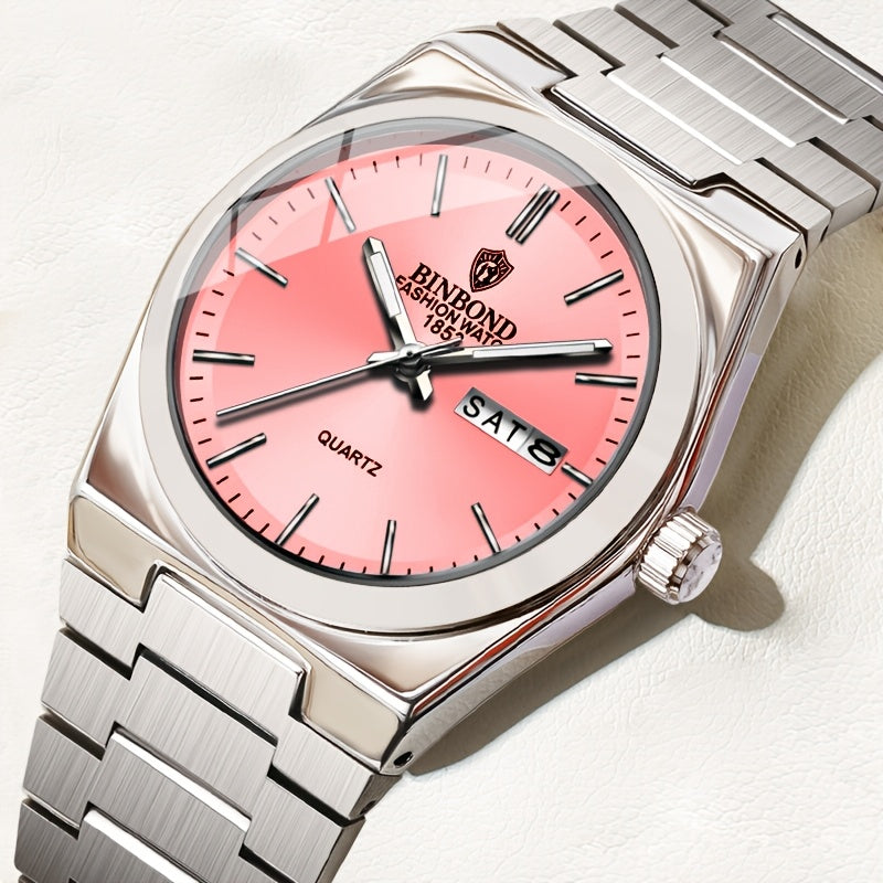 BINBOND Women's Elegant Quartz Watch, Stainless Steel Band, Aqua Green Dial, Date Display, IP67 Rated, Zinc Alloy Case, Perfect for Business or Casual Wear, Casual Wristwatch | Luxury Fashion Accessory | Sophisticated Aesthet