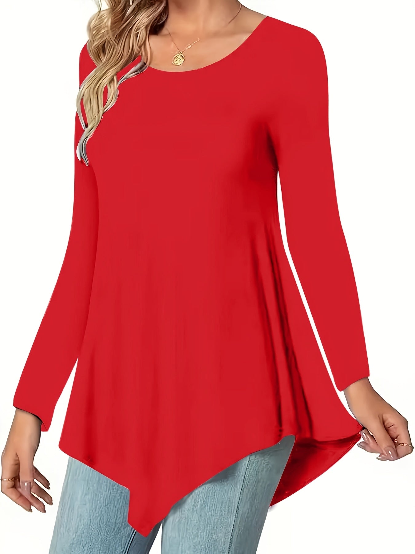 Women's Casual Long Sleeve Tunic Top, Polyester 95% Spandex 5% Knit Fabric, Solid Color Crew Neck Blouse for Spring/Summer/Fall, Spring Summer Blouse|Tunic Style|Solid Color Top