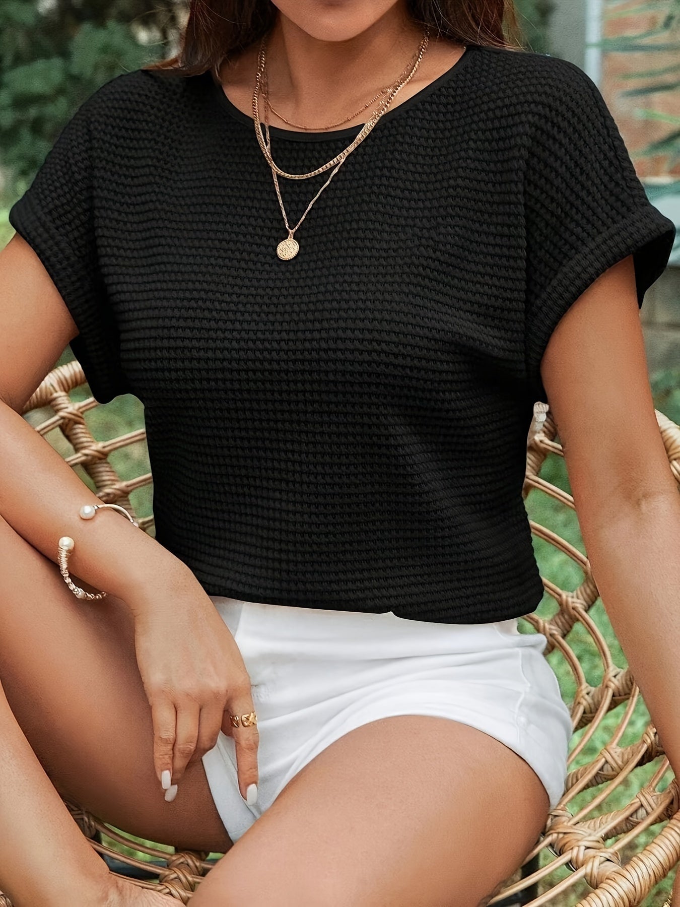 Crew Neck Solid Loose T-shirt, Casual Short Sleeve Top For Spring & Summer, Women's Clothing