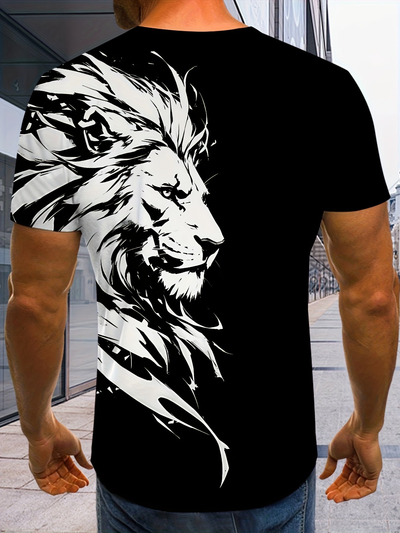 New Lion 3D Print Pattern, Casual Short Sleeve Round Neck T-Shirt, Outdoor Men's Clothing