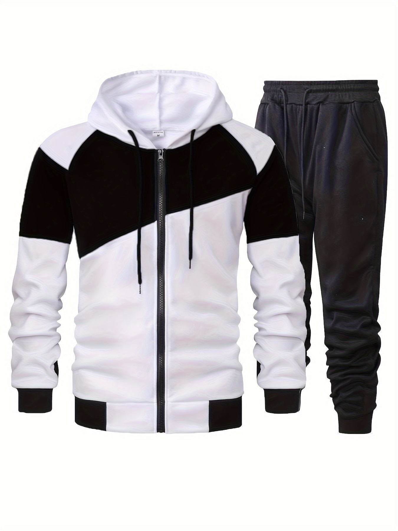 Elson OBM Men's Autumn and Winter Sportswear Set, Men's Color Block Long Sleeve Hooded Zip-Up Jacket with Solid Drawstring Joggers Outdoor and Sports Outfit... Top Bottoms Set