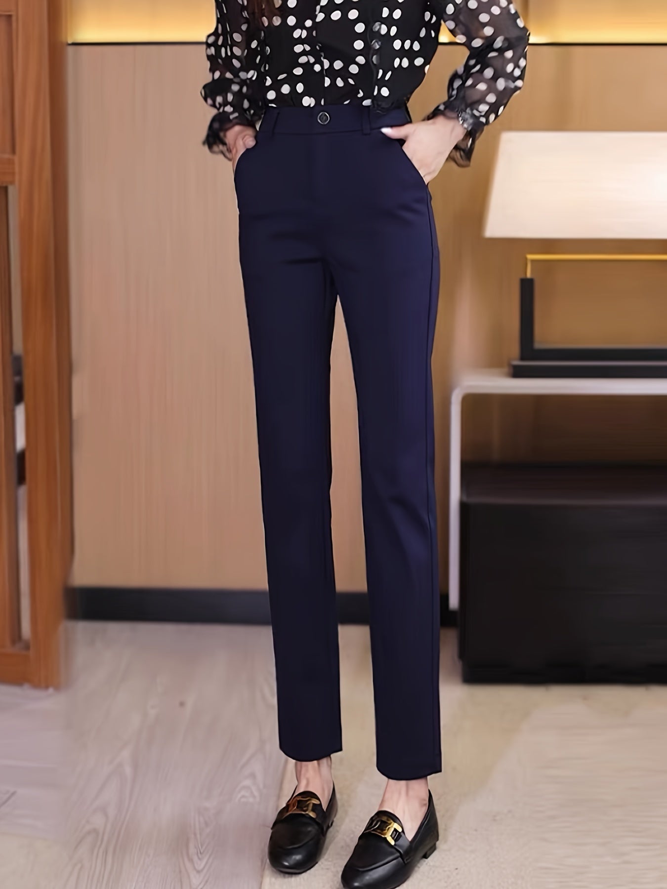 Women'S High-Waisted Straight-Leg Trousers, Casual Style, Solid Color, Polyamide 50% Viscose 50% Elastane 8%, Woven Fabric, 300g/m², Button Detail, Suit Pants for Work and Leisure - Black