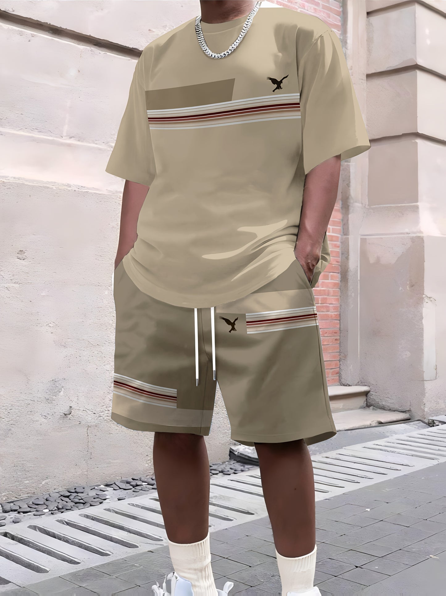 Men'S Casual Summer Two-Piece Athletic Wear Set - Light Blue T-Shirt with Green & White Stripes, Matching Shorts, Perfect for Daily Leisure, Vacation, and Sports, Casual Sportswear | Relaxed Fit Shorts | Stretchable Fabric