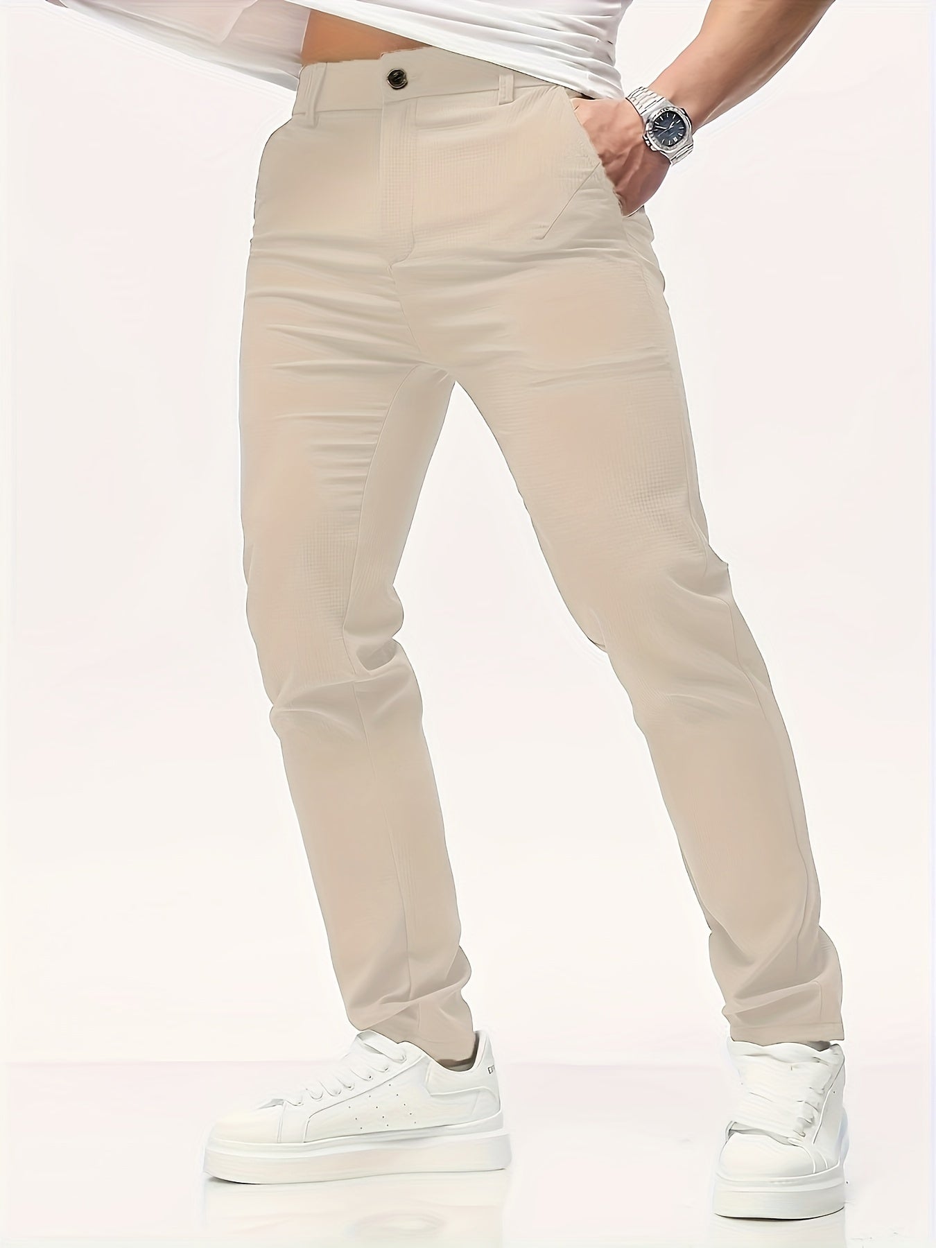 Men's Casual Solid Color Pants - Polyester, Machine Washable, Button Detail, Regular Fit for All Seasons