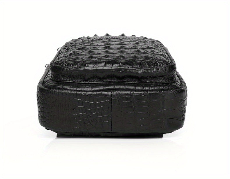 SCHLATUM Genuine Leather Crocodile Pattern Sling Bag - Black, Large-Capacity Multifunctional Crossbody Backpack for Travel, Sports & Camping, Stylish Zipper Closure Design