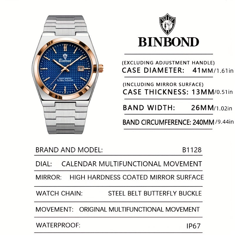 Binbond Luxury Men's Quartz Watch - Stylish Blue Dial, Rose Golden Accents, Waterproof Stainless Steel Band, Calendar Feature, Fashionable Business Design, Formal Accessory | Modern Quartz Watch | Rose Golden Details
