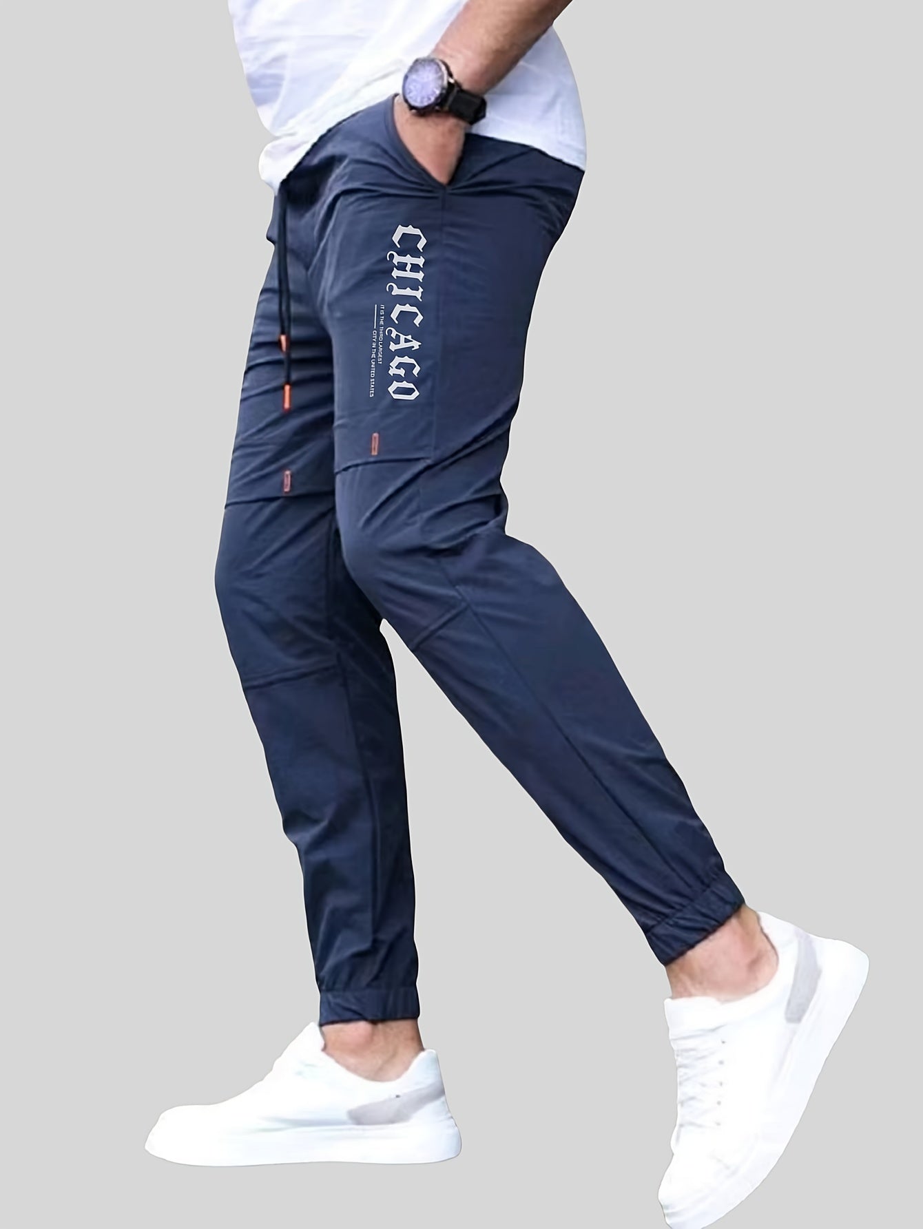 Men'S Casual Drawstring Joggers, 100% Polyester Non-Stretch Woven Fabric, All-Season Regular Fit Trousers with Alphabet Print Detail, Fashionable Workwear Style