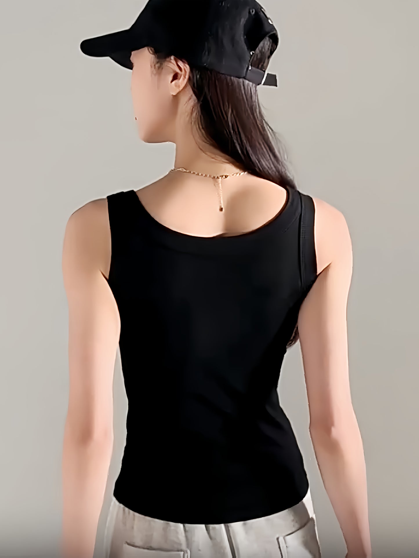1pc Women'S Casual Ribbed Tank Top, Solid Color Knit Vest with Side Stripe Detail, Low Neck Polyester Camisole for All Seasons, Versatile Layering Piece
