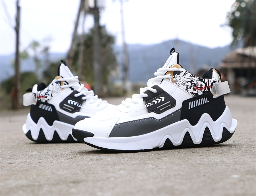 Men's High-Top Basketball Sneakers, Preppy Street Style, Solid Color with Cartoon & Stripes, All-Season Lace-Up Sports Shoes, Faux Upper, Fabric Inner, Rubber Sole, for Running, Hiking & Casual Wear, Outdoor Activities Shoes