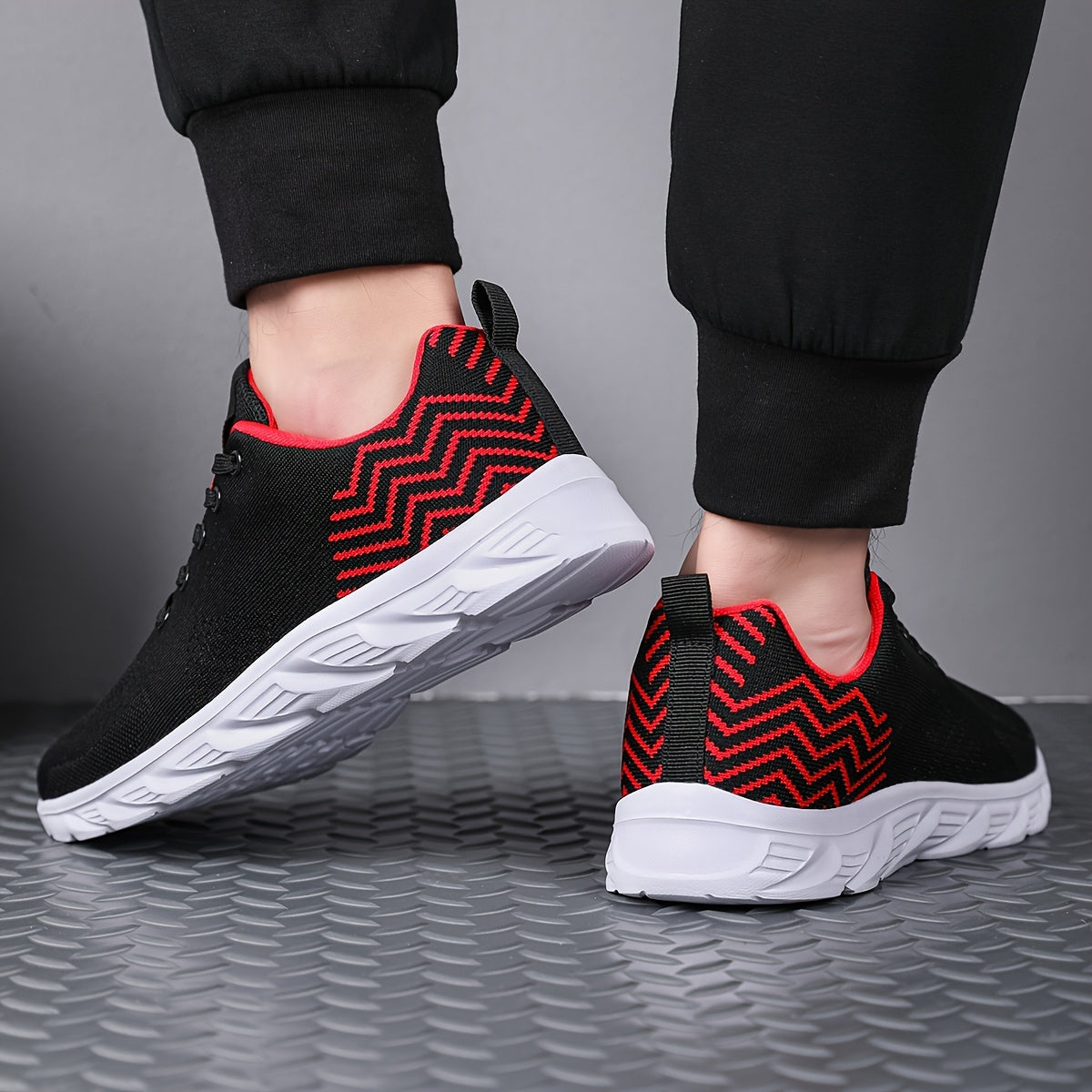 Men's Knitted Breathable Running Shoes, Lightweight Non-Slip Soft Sole, Comfortable for Outdoor Walking, Jogging, Fitness, Daily Activities, EVA Sole, Fabric Upper, Low-Top, Lace-Up Closure, Striped Pattern, All-Season Fashio