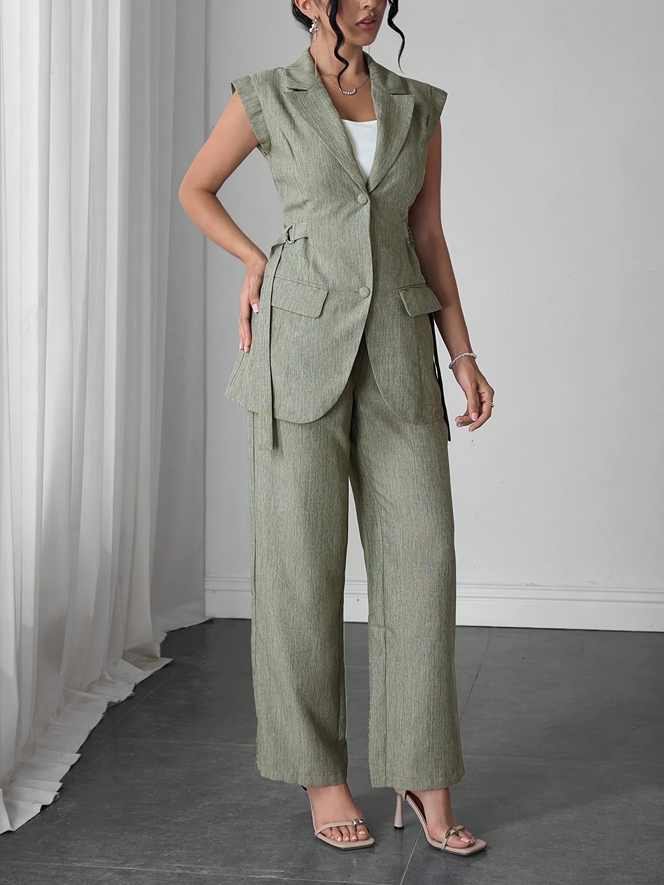 Stylish Women's Elegant Modern Side-Tie Design Two-Piece Spring/Summer Solid Color Sleeveless Jacket and Pants Set