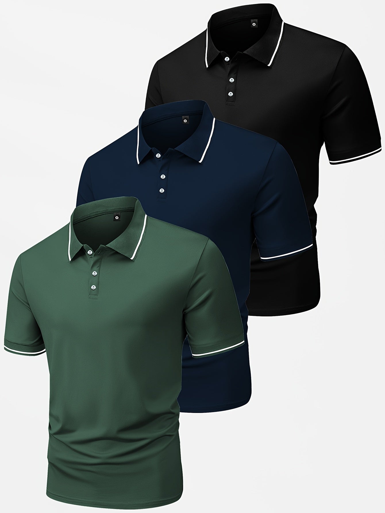 3pcs Men's Casual Fashion Shirts - Breathable Polyester, Short Sleeve, Button-Up with Classic Collar - Machine Washable, Summer Essentials in Black, White, and Beige