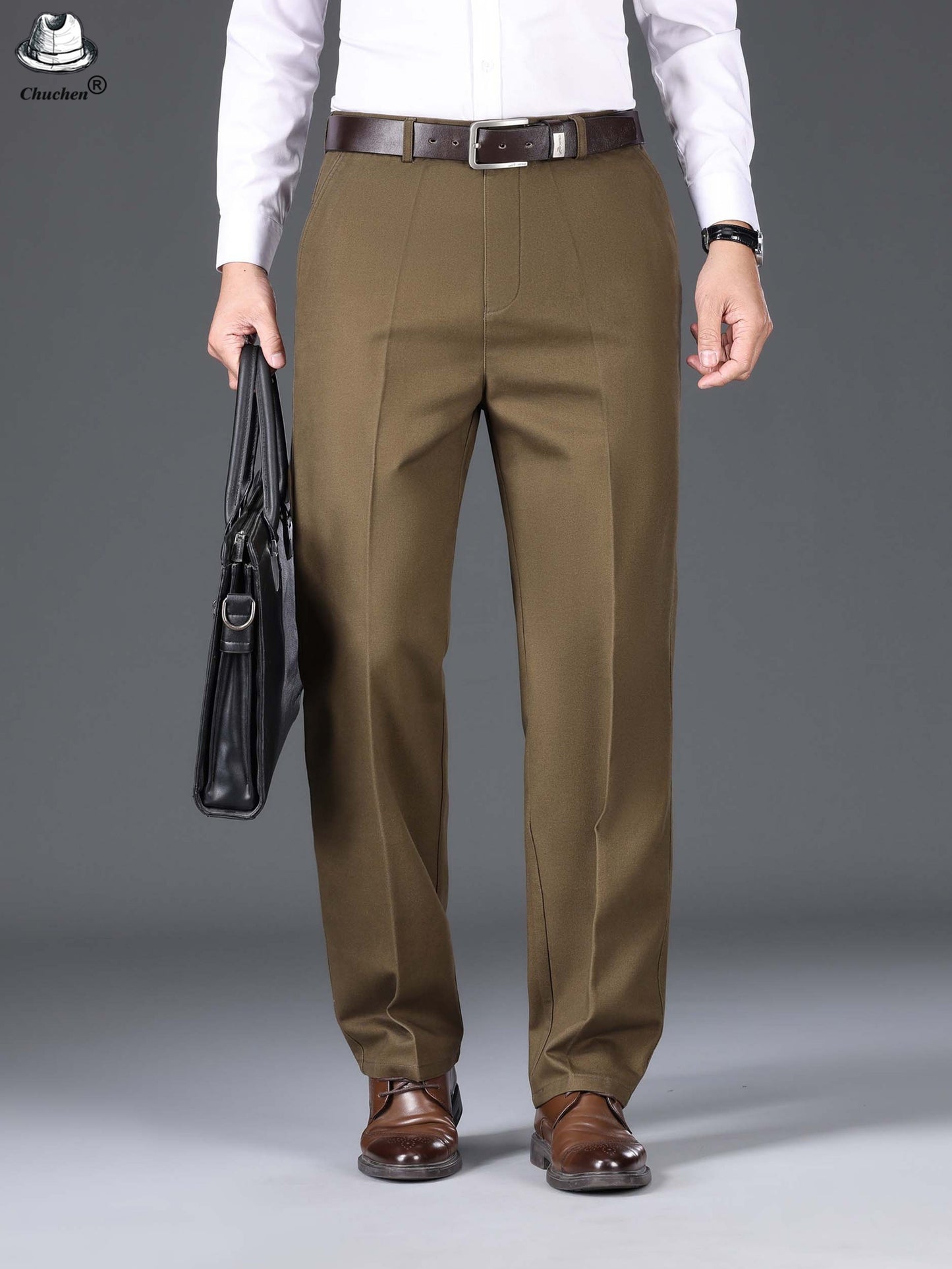 1pc Classic Fit Men'S Dress Pants - 100% Cotton, Solid Color, Non-Stretch, Regular Length, for Autumn/Winter - Business Casual Style