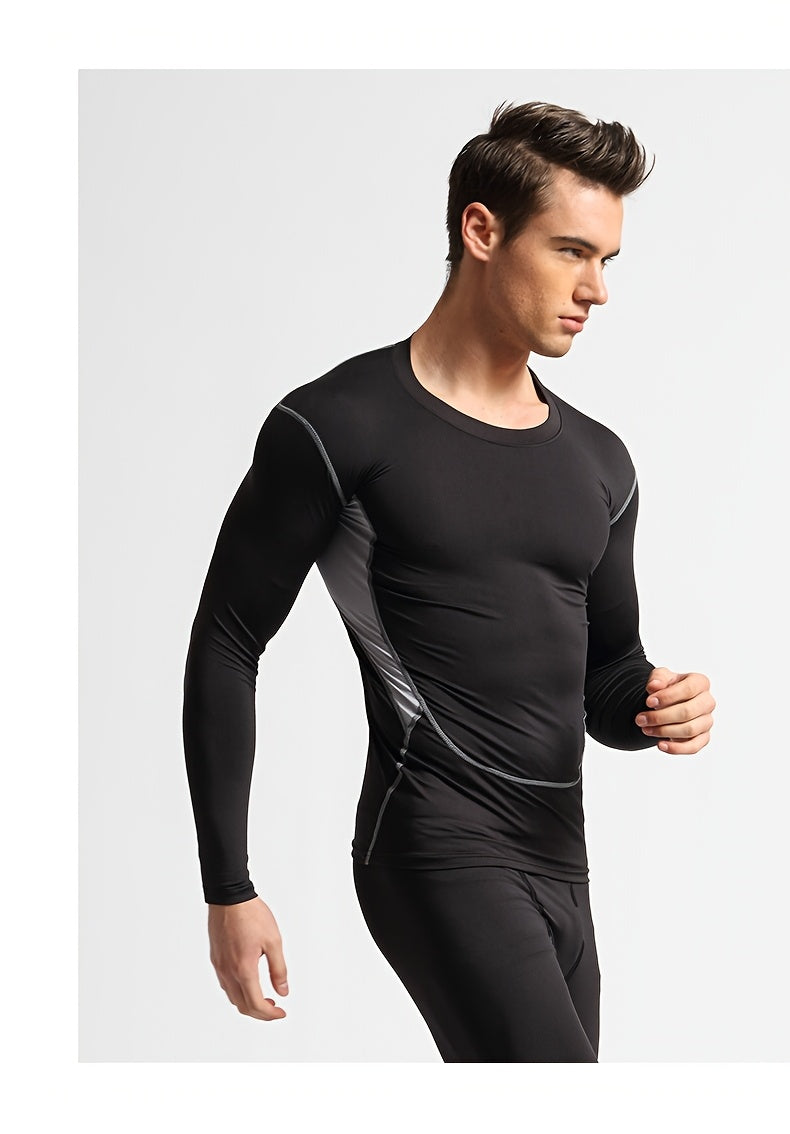 Men'S 3pcs Athletic Set, Breathable Mesh Long Sleeve Top, Skinny Fit Polyester & Spandex, Crew Neck, Solid Color, High Stretch, for Running, Basketball, Hiking, Training - Fall/Winter Sports Outfit