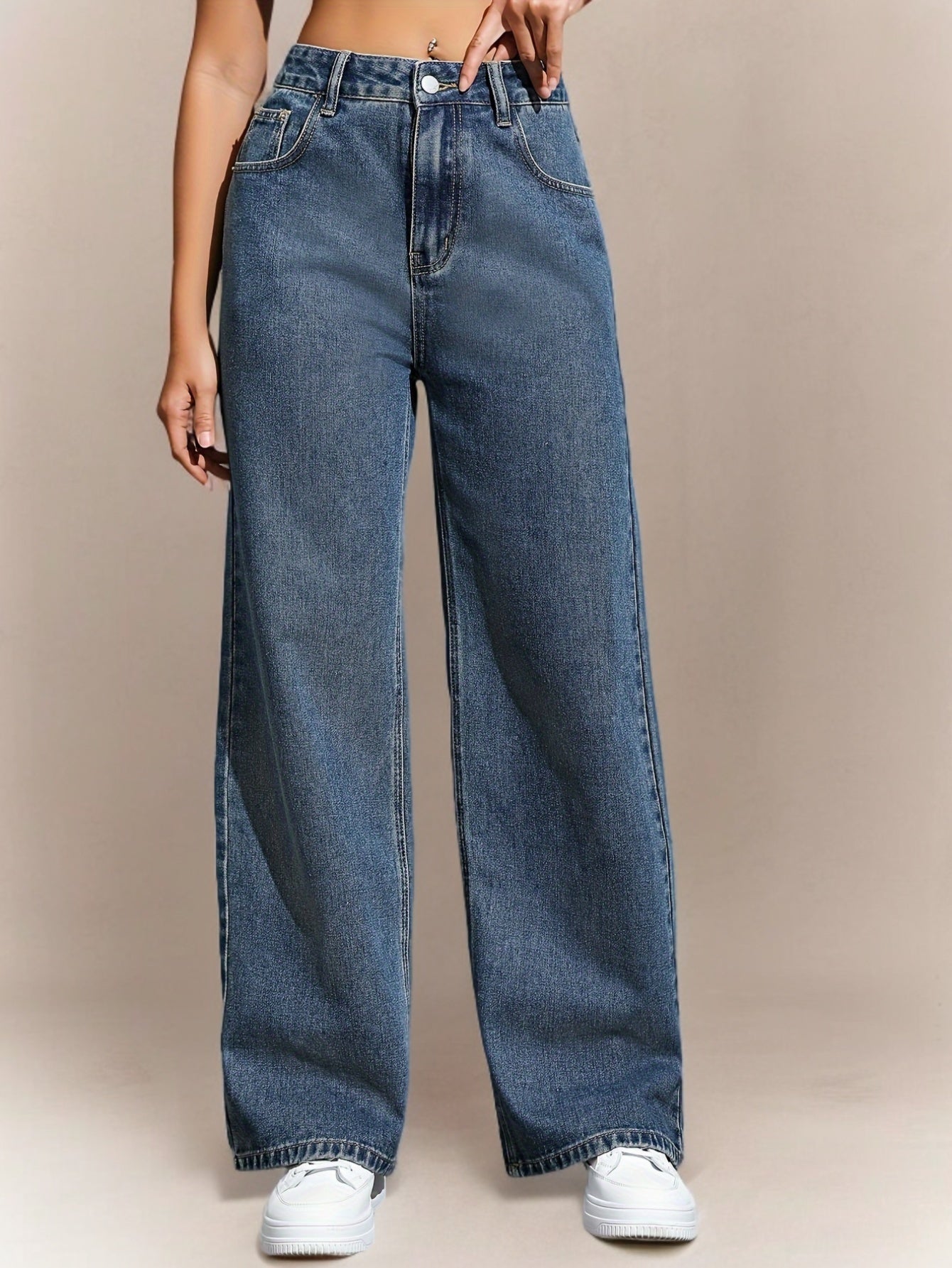 Plain Washed Blue Loose Fit Casual Slash Pocket Jeans Denim Pants, Women's Denim Jeans & Clothing For Autumn