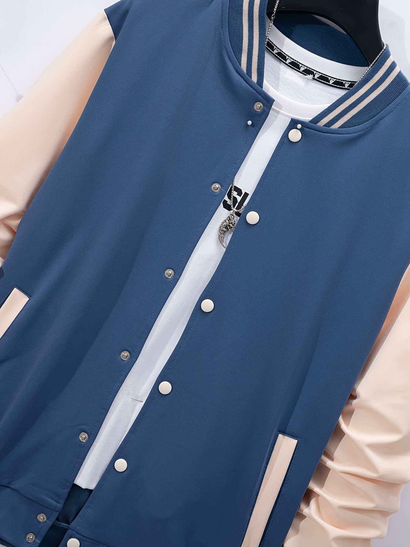 Men's Casual Baseball Jacket & Pants Set - Color Block, Polyester, Button-Up with Belt Detail for Spring/Fall