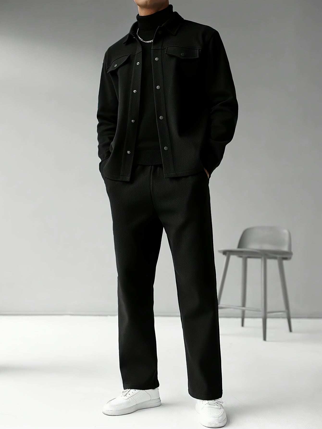 Men'S Two-Piece Casual Outfit - Black Button-Up Shirt & Pants, Long Sleeve, Loose Fit, Non-Stretch Fabric, Perfect for Spring/Fall, Casual Attire|Relaxed Fit|Buttonup Shirt