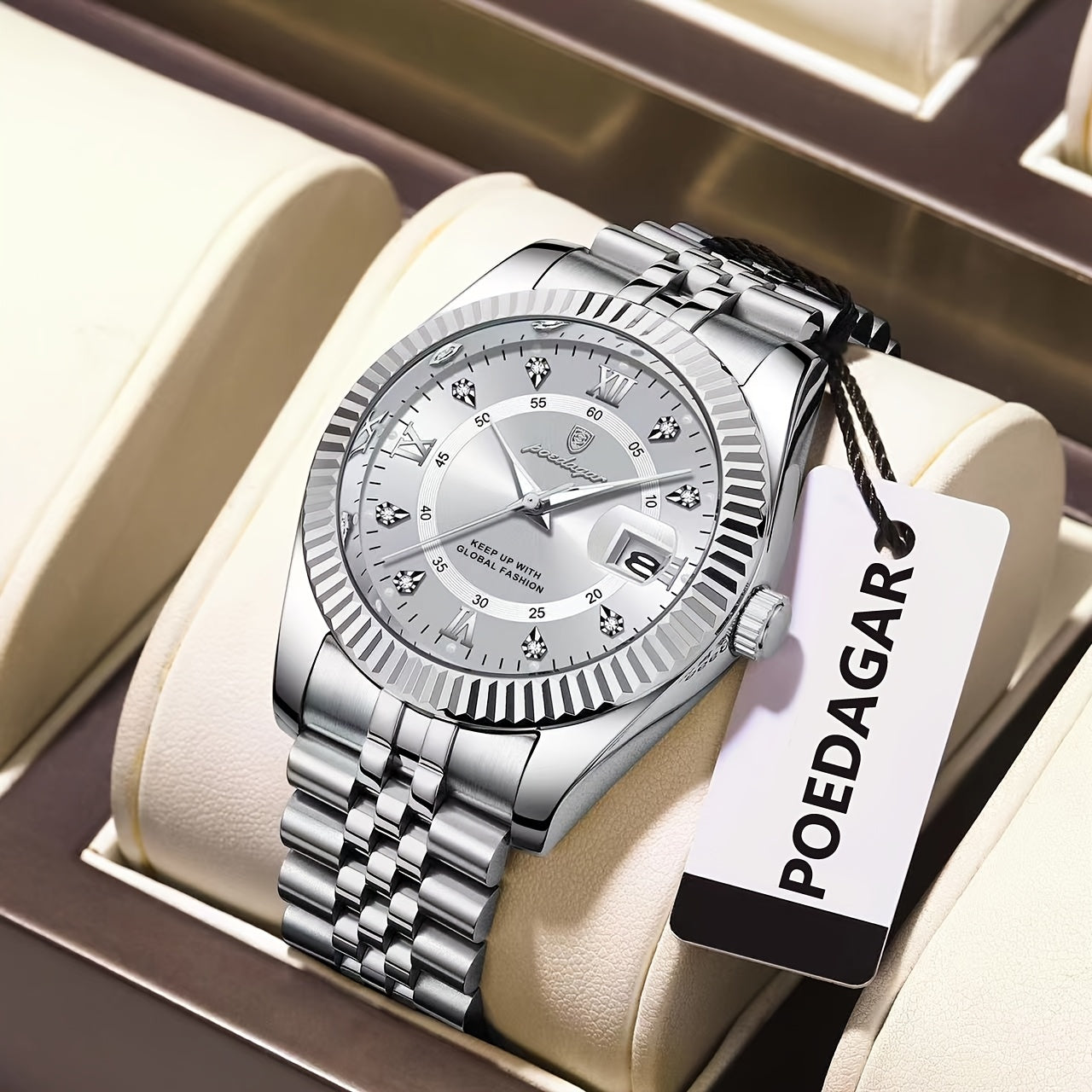 POEDAGAR Luxury Men'S Quartz Watch - Waterproof, Luminous, Stainless Steel Band, Blue & Golden Accents, Date & Week Display, Casual Elegant Timepiece with Backpack Clasp