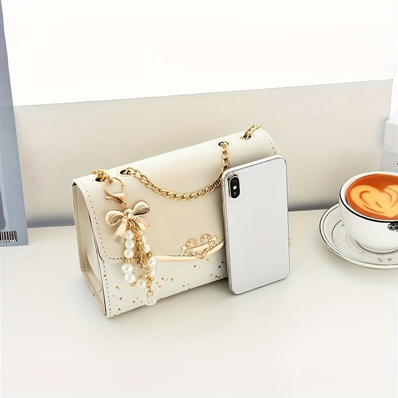 Elegant Bohemian Beige Crossbody Bag with Tassel Charm - Chic Urban Flap Shoulder Bag with Golden Chain Strap, Lightweight & Portable for Shopping, Office, College, Travel - Perfect Gift for Women, Occasion Theme, Valentine'S