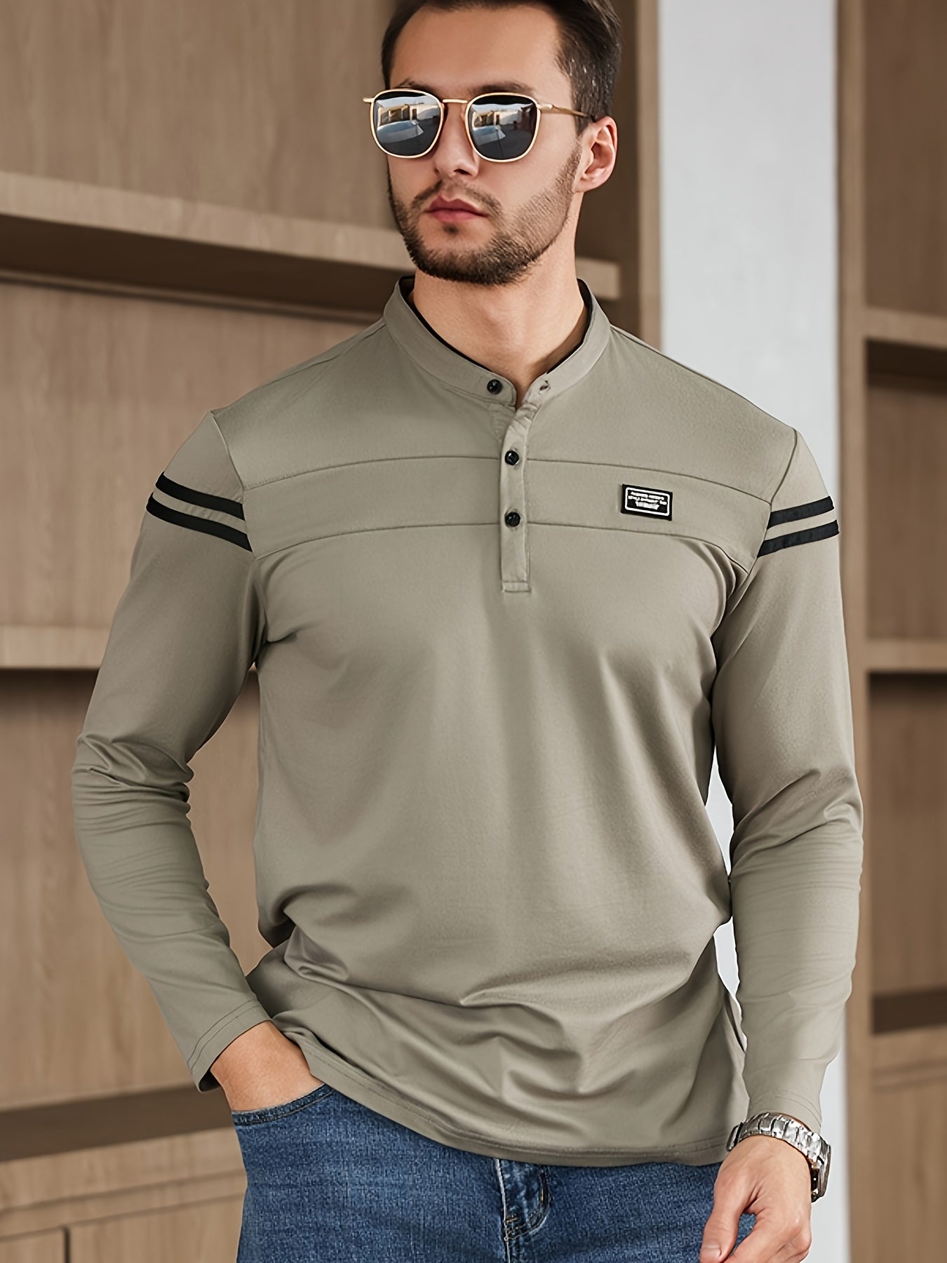 Men'S Casual Long Sleeve T-Shirt - Solid Color with Stand Collar & Stripe Polo, Button-Up Front, Ideal for Outdoor Activities