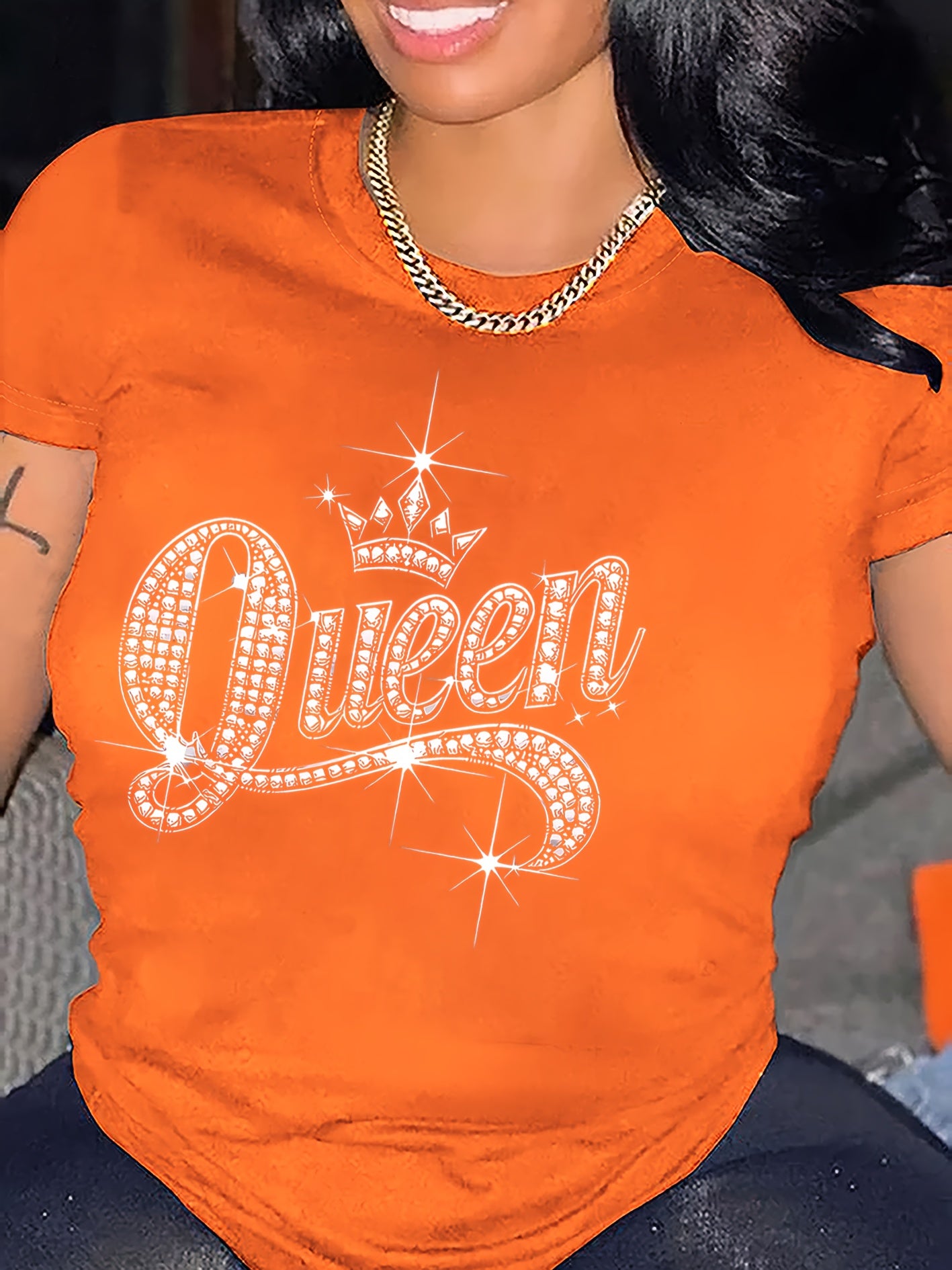 Sparkling Rhinestone Queen Crown Graphic Casual T-Shirt - Vibrant Orange Short Sleeve Round Neck Top with Medium Stretch, Machine Washable for Casual Attire & Parties, Cute T Shirts, Allseason Apparel, Party Wear, Mediumstret