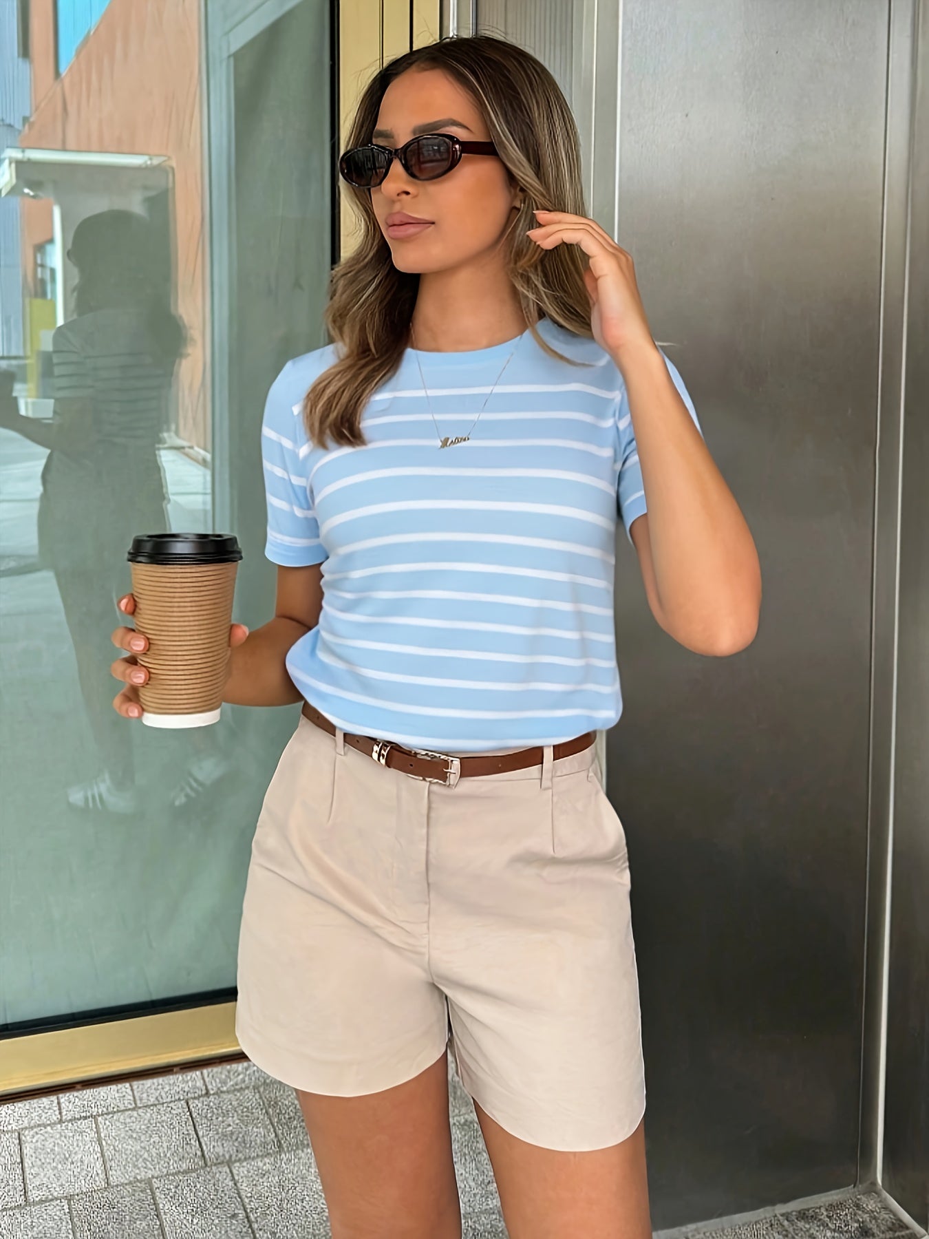 Women'S Y2K Green & White Striped T-Shirt - Casual, Versatile Top for Spring/Summer, Short Sleeve, Round Neck, Casual Attire | Casual Style | Glossy Finish